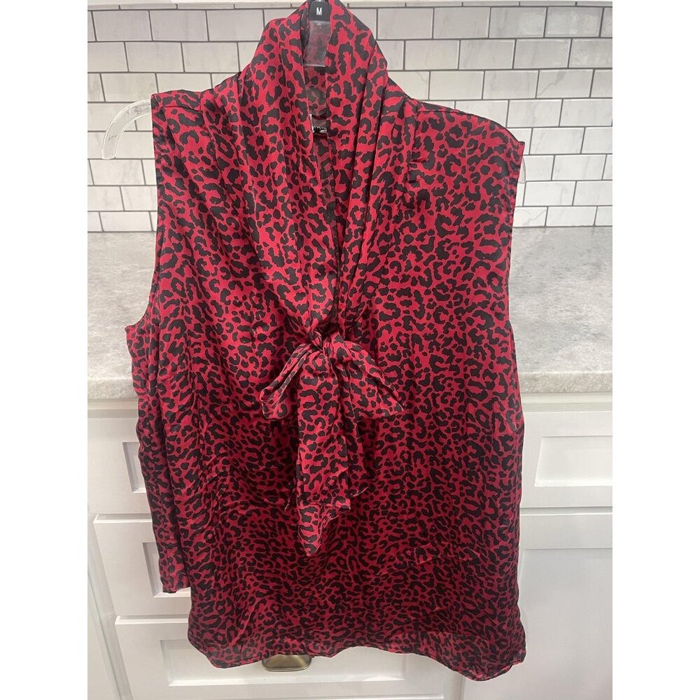 Bar III Blouse Womens 3X Red Leopard PrintTop Bow Tie Neck Sleeveless Party Tank